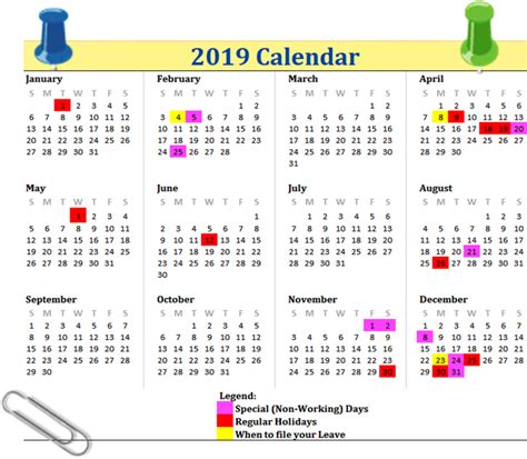 2019 Calendar with Philippines holidays.